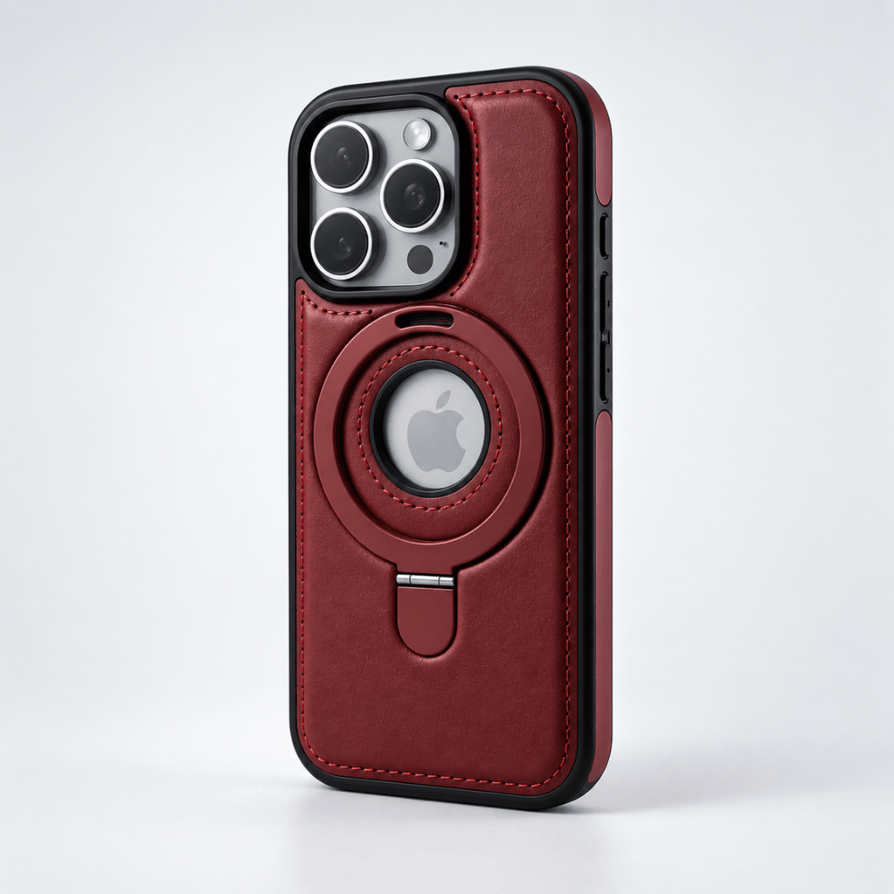 Leather iPhone case with flexible MagSafe magnetic stand