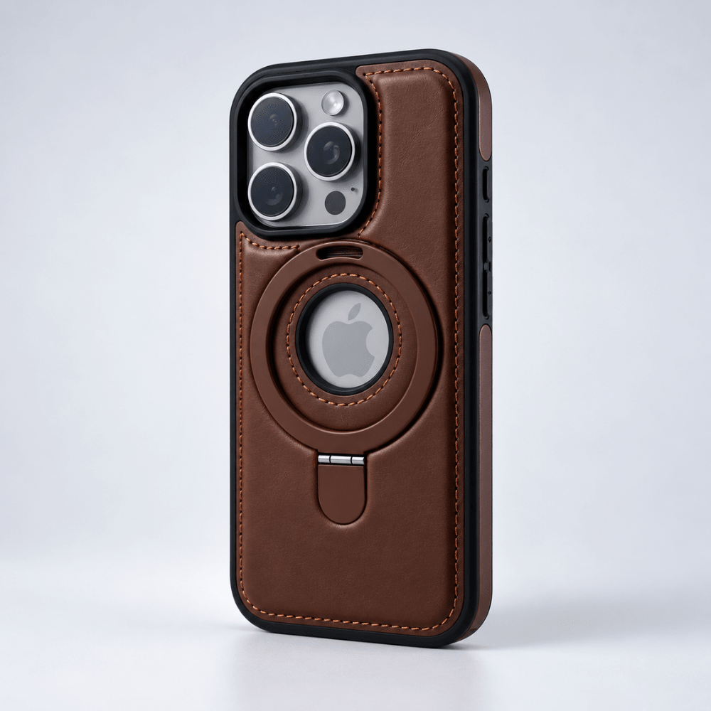 Leather iPhone case with flexible MagSafe magnetic stand