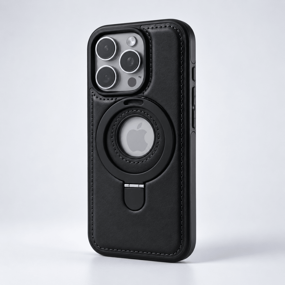 Leather iPhone case with flexible MagSafe magnetic stand