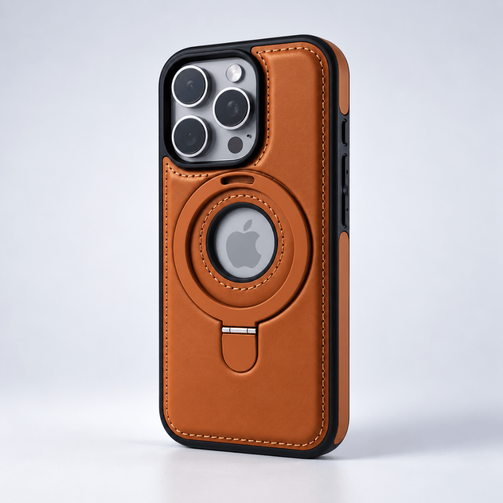 Leather iPhone case with flexible MagSafe magnetic stand
