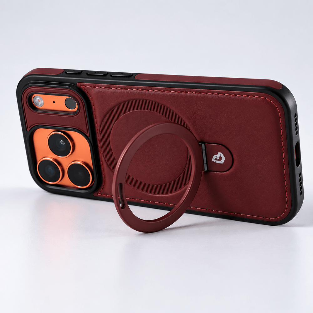 Leather iPhone case with flexible MagSafe magnetic stand